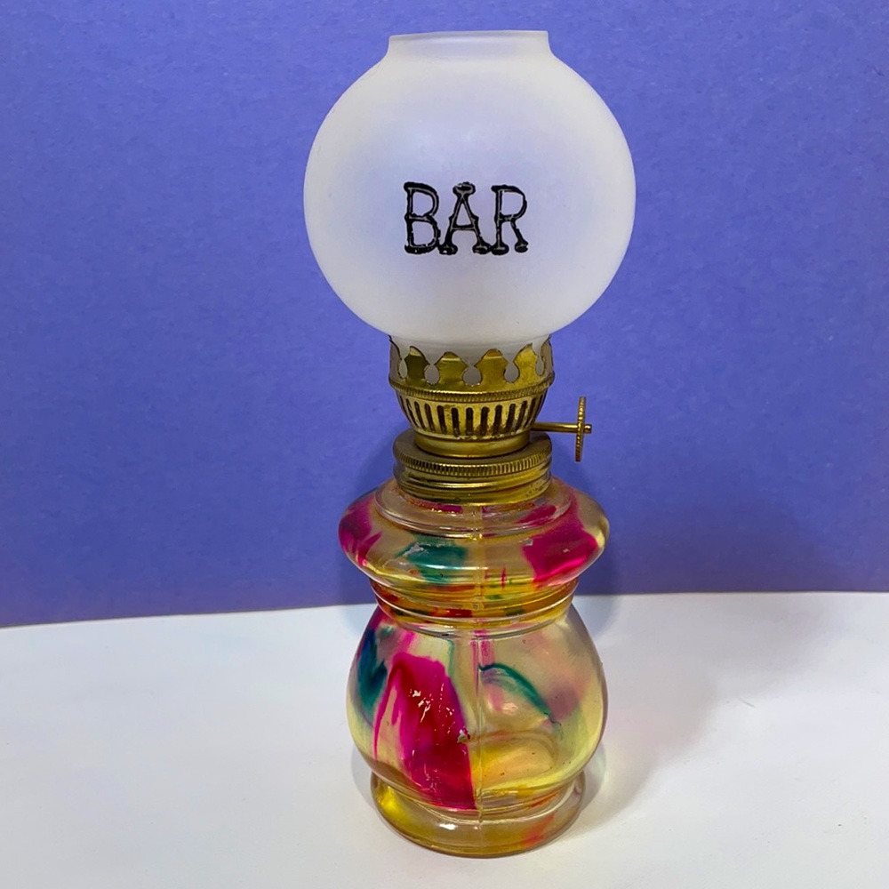 Vintage MCM 1950s Miniature Kerosene Oil Lamp "Bar" Lattern with Painted Glass!